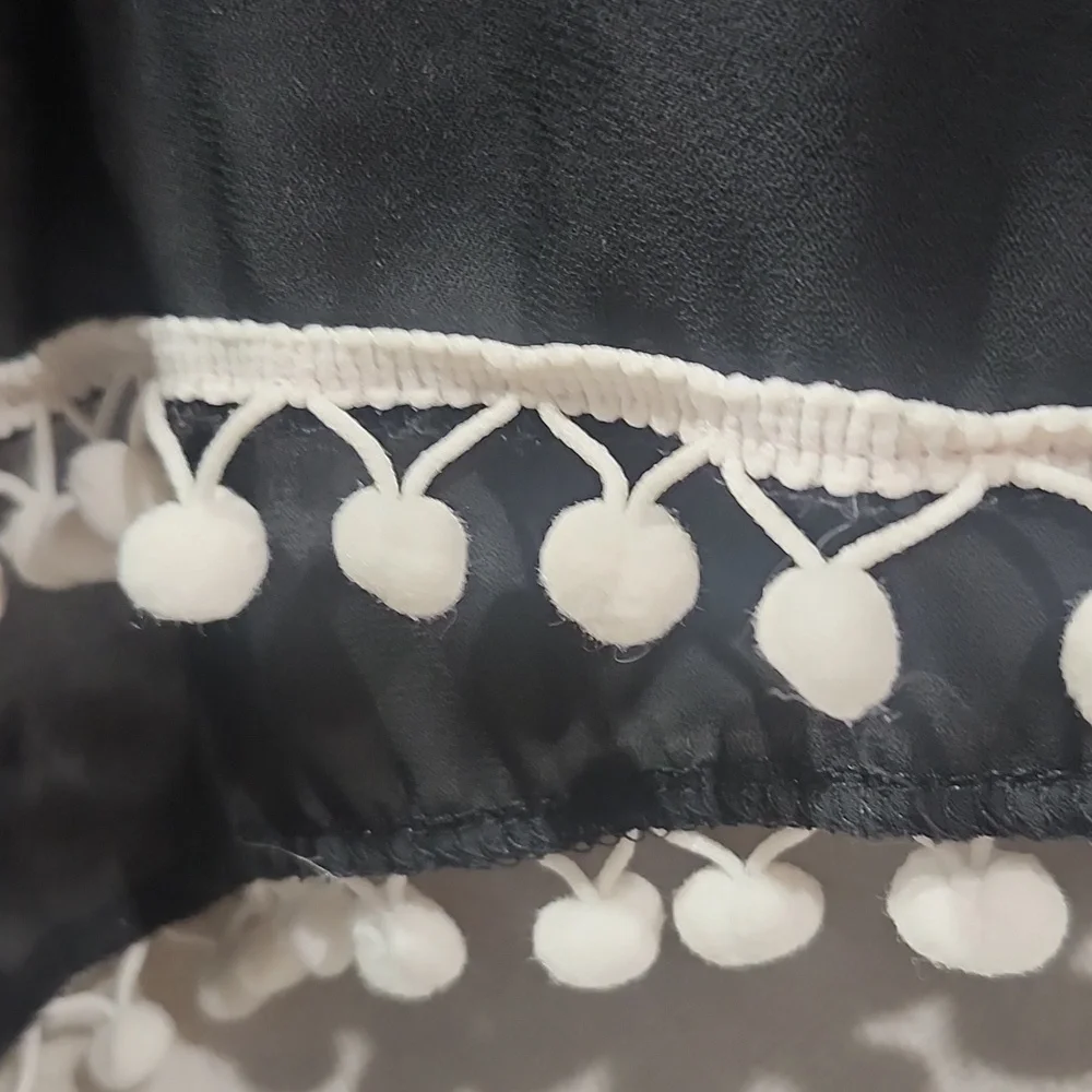 Adreamily Black Semi Sheer Poncho / Bathing‎ Suit Cover W/ White Pom Pom Trim OS